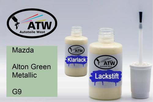 Mazda, Alton Green Metallic, G9: 20ml Lackstift + 20ml Klarlack - Set, von ATW Autoteile West.